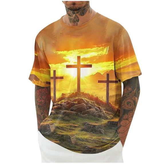 Awdenio Mens T-shirts Short Sleeve Cross Letter Print Graphic Round Neck Casual Fashionable Tops