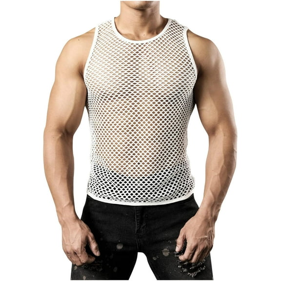 Awdenio Mens Tank Top Fashion Hollow Out Fishing Net Casual Solid Color Sleeveless Round Neck Collar Blouse Shirt Tank Top Summer Casual Wear,Size S-2XL
