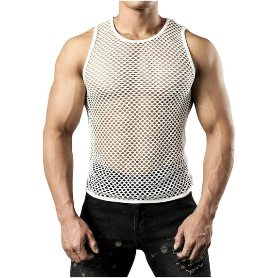 Awdenio Mens Tank Top Fashion Hollow Out Fishing Net Casual Solid Color Sleeveless Round Neck Collar Blouse Shirt Tank Top Summer Casual Wear,Size S-2XL
