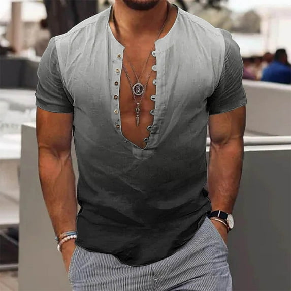 Awdenio Mens Tops Button Gradation Casual Fashion Printing Turn-down Collar Short Sleeve Breathable Shirt/Tops Breathable, Stretch-Fit,Size S-5XL