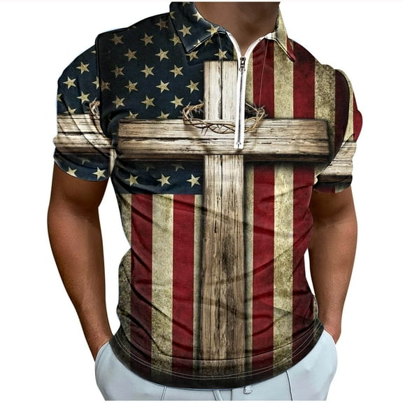 Awdenio Mens Tops Casual Printed Zippered T-shirt With Short Sleeved Lapel Top for Warm Weather,Size S-5XL