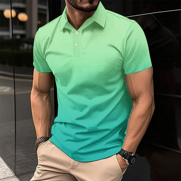 Awdenio Mens Tops Gradation Casual Printed Short Sleeve Turn Down Collar Buttons Side Split T-Shirt Blouse Tops Perfect for Summer Outdoors,Size M-4XL