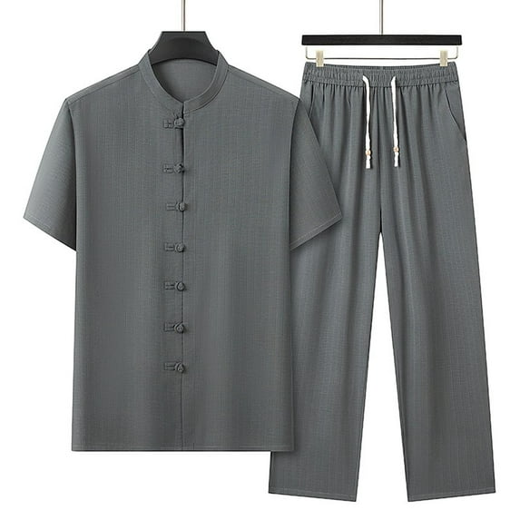 Awdenio Mens Two Piece Summer Outfit Traditional Long Sleeve Tang Kung Fu Uniform Men's Shirt and Pants Set