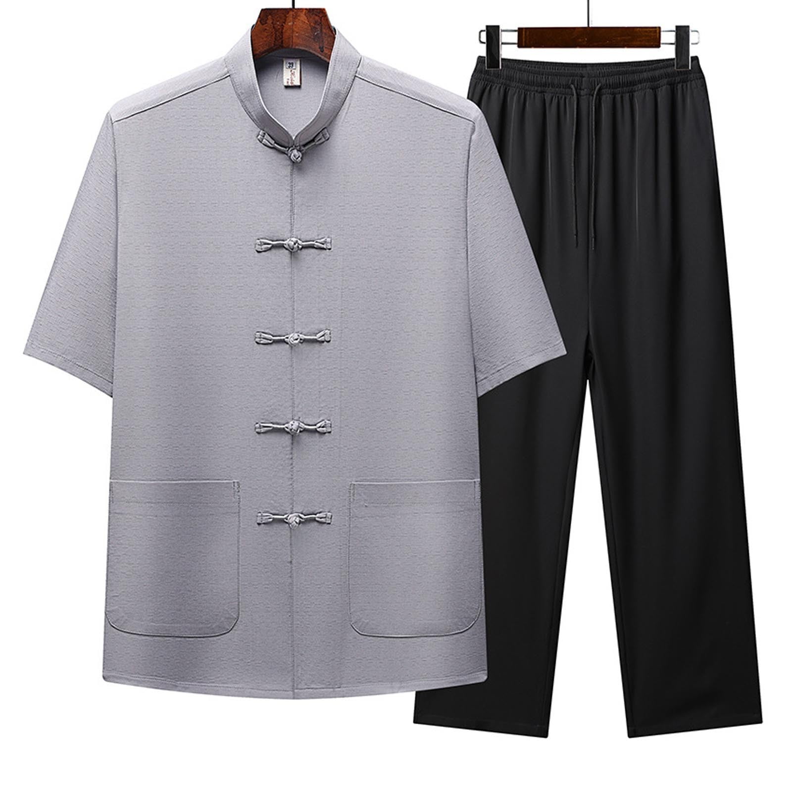 Awdenio Mens Two Piece Summer Outfit Traditional Long Sleeve Tang Kung