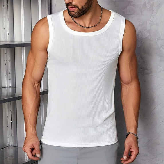 Awdenio Mens Vest Rib Knit Round Neck Sleeveless Solid Tank Top Bodycon Casual Plain Undershirts Top