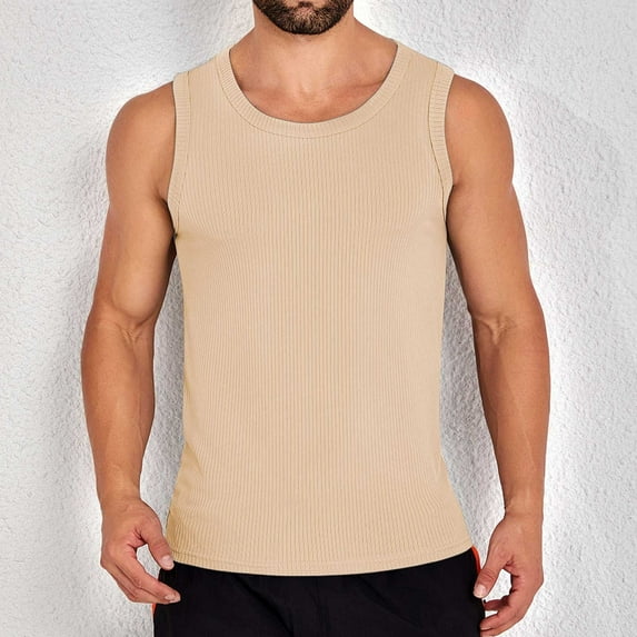 Awdenio Mens Vest Rib Knit Round Neck Sleeveless Solid Tank Top Bodycon Casual Plain Undershirts Top