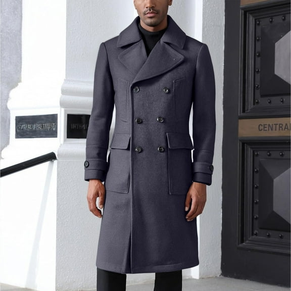 Awdenio Mens Winter Jacket Casual Trench Coat Notched Collar Lapel Long Jacket Peacoat Double Breasted Classic Winter Overcoat
