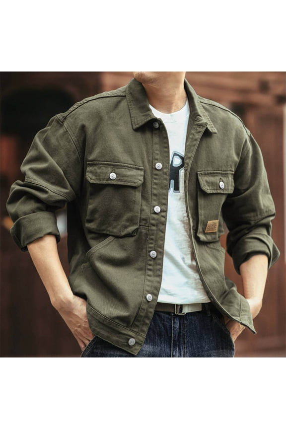 Mens Winter Jacket Vintage-Inspired Jean Jacket with Multiple Pockets - Cotton, Machine Washable