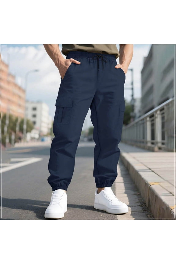 Mens Work Pants Relaxed Fit Drawstring Elastic Waist Cargo with Pockets Baggy Outdoor Tapered Hiking Pants