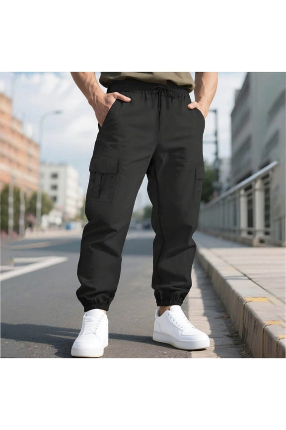 Mens Work Pants Relaxed Fit Drawstring Elastic Waist Cargo with Pockets Baggy Outdoor Tapered Hiking Pants
