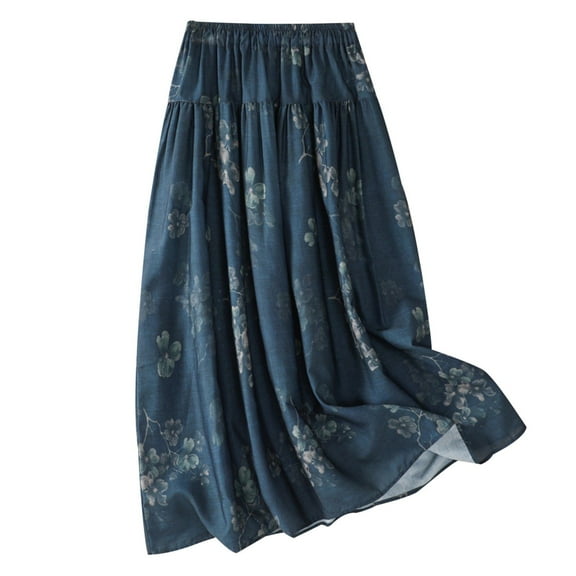 Awdenio Midi Skirt Women Printed Cotton And Linen Midi Style Skirt Drawstring Skirt