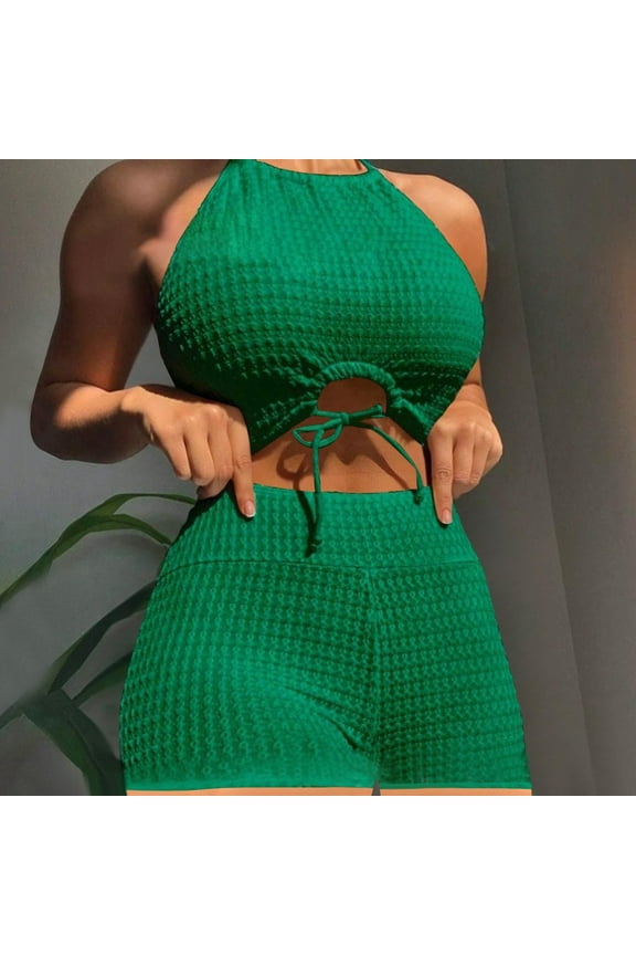 Modest Swimsuits for Women 2 Piece Plain Tankini Swimsuits Halter Tie Back Backless Drawstring Front Bikini with Shorts