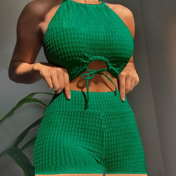 Awdenio Modest Swimsuits for Women 2 Piece Plain Tankini Swimsuits Halter Tie Back Backless Drawstring Front Bikini with Shorts