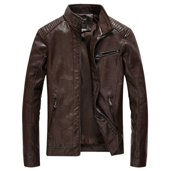 Awdenio Motorcycle Jacket Men Casual Zip Up Slim Stand-up Collar Leather Jacket