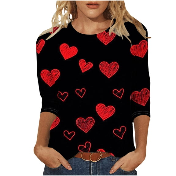 KIHOUT New Arrivals Fashion Tops Womens Valentine's Day Shirts 3/4 Sleeves Blouse Round Neck Heart Printed Casual Top,Size S-3XL