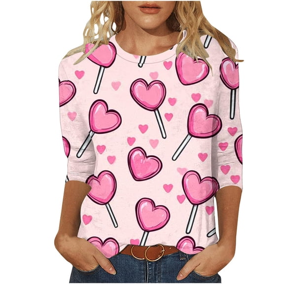 KIHOUT New Arrivals Fashion Tops Womens Valentine's Day Shirts 3/4 Sleeves Blouse Round Neck Heart Printed Casual Top,Size S-3XL