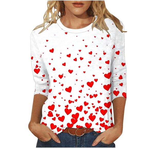 KIHOUT New Arrivals Fashion Tops Womens Valentine's Day Shirts 3/4 Sleeves Blouse Round Neck Heart Printed Casual Top,Size S-3XL