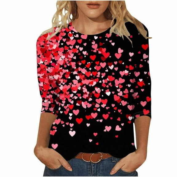 KIHOUT New Arrivals Fashion Tops Womens Valentine's Day Shirts 3/4 Sleeves Blouse Round Neck Heart Printed Casual Top,Size S-3XL