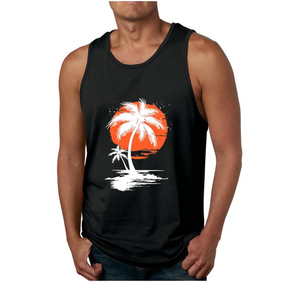 Awdenio New Arrivals Men's Workout Tank Tops Coconut Tree Printing Round Neck Thin Strap Sleeveless Leakage Back Casual Sports T Shirts Vest