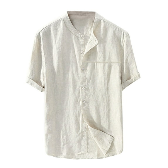 Awdenio New Arrivals Summer Mens Shirts Deals, Cotton and Linen Summer Fashion Casual Men's Lapel Shirt Top Short Sleeved V-neck Top/shirt, Fathers Day Gifts Beige 4XL