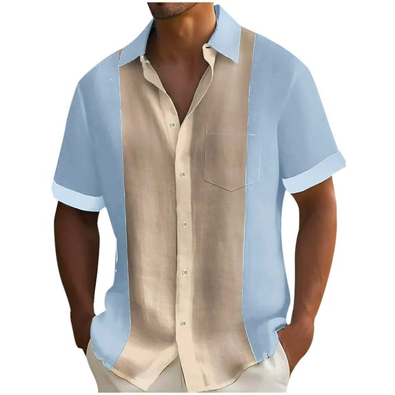 Awdenio New Arrivals Summer Mens Shirts Deals, Summer Men's Color Blocking Short Sleeved Shirt Fashionable Oversized European Style Collar Cardigan, Fathers Day Gifts Light Blue 3XL