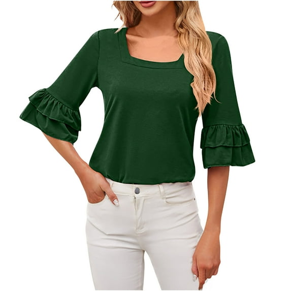Awdenio New Spring Fashion Tops for Women 2024, Ladies Casual Solid Color Neck Ruffled Middle Sleeve Loose T-Shirt Top Green 2XL