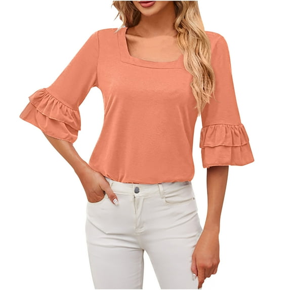 Awdenio New Spring Fashion Tops for Women 2024, Ladies Casual Solid Color Neck Ruffled Middle Sleeve Loose T-Shirt Top Pink XL