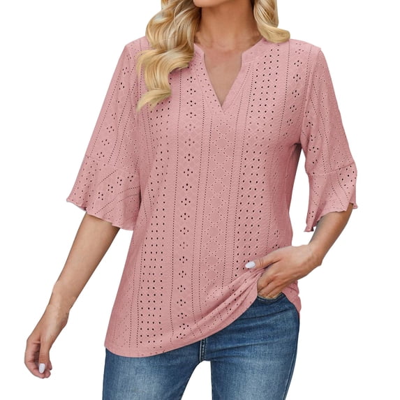 KIHOUT New Spring Fashion Tops for Women 2024, Ladies Fashion Print Tops Middle Sleeve Out Blouse Funny Round Neck T-Shirt Tops Rose Gold 2XL