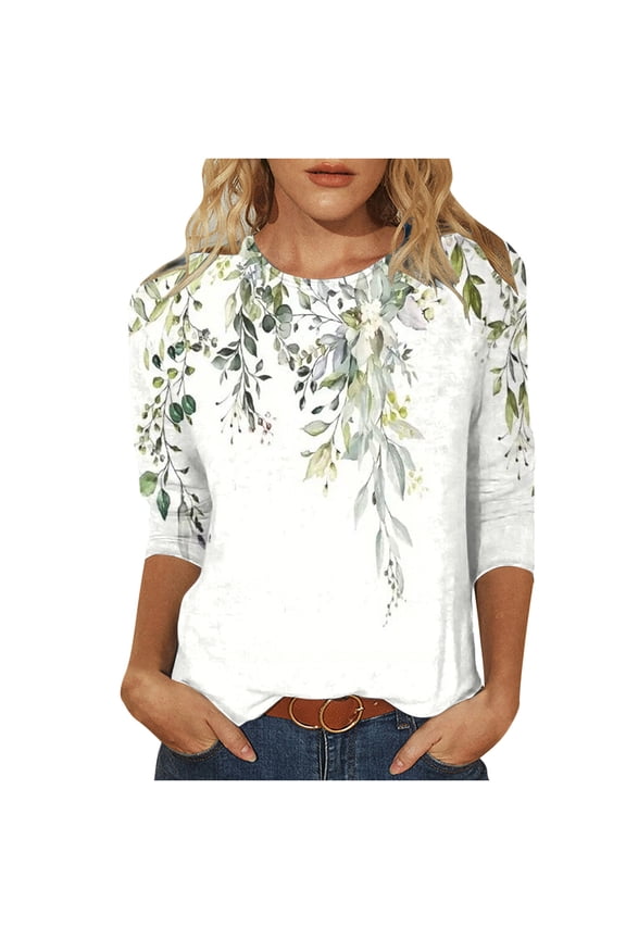 Awdenio New Spring Fashion Tops for Women 2024, Ladies Fashion Three Quarter Sleeve Retro Round Neck Easter Printed Loose Tops Blouse White S