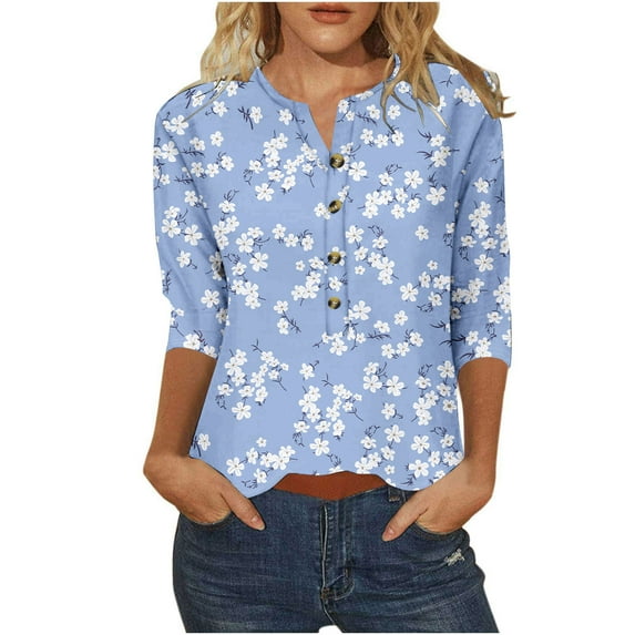 Awdenio New Spring Fashion Tops for Women 2024, Ladies Printed Button 3/4 Sleeve T-shirt Loose Top Blue S