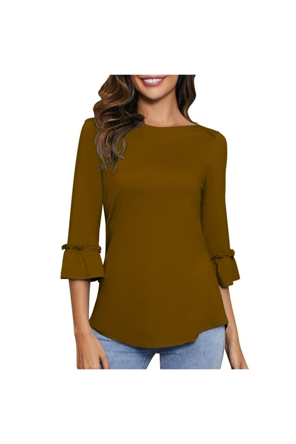 Awdenio New Spring Fashion Tops for Women 2024, Ladies Short Sleeves 3/4 Sleeves Casual Tops Pullover Blouse T-shirt Khaki XL