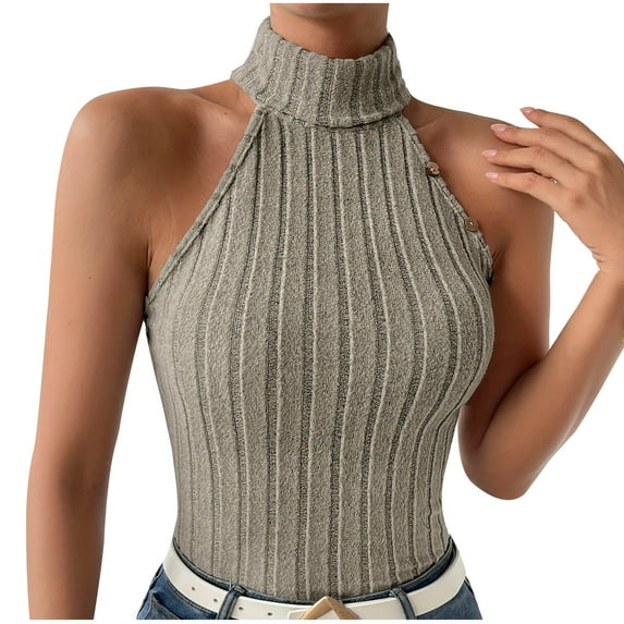 KIHOUT New Summer Fashion Tops for Women 2024, Fashion Ladies Casual Sleeveless Round-Neck Solid Ladies Outing Tops Blouse Khaki S