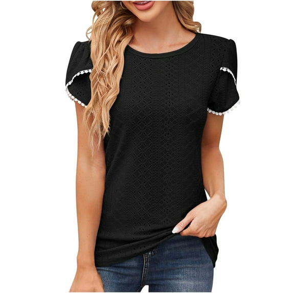Awdenio New Summer Fashion Tops for Women 2024, Ladies Casual Round Neck Short Sleeves Patchwork Solid Color Loose T-Shirt Top Black L