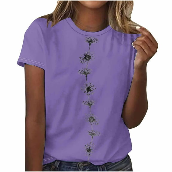Awdenio New Summer Fashion Tops for Women 2024, Ladies Casual Round Neck Short-sleeved Printed T-shirt Top Purple S