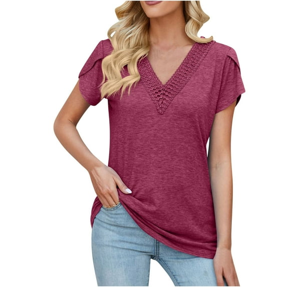 Awdenio New Summer Fashion Tops for Women 2024, Ladies Casual V-Neck Short Sleeves Patchwork Solid Color Loose T-Shirt Top Purple M