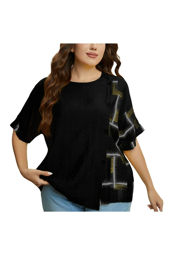Awdenio New Summer Fashion Tops for Women 2024, Ladies Fashion Solid Color Round Neck Snap Button Loose Tops Black XL