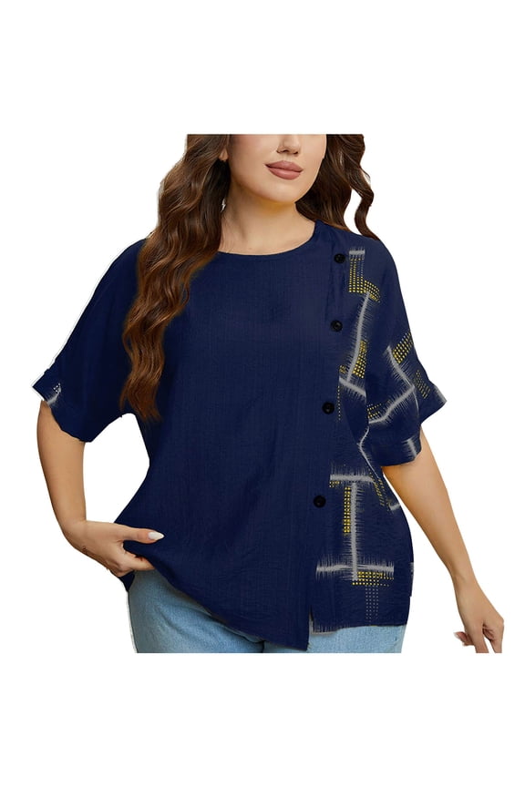 Awdenio New Summer Fashion Tops for Women 2024, Ladies Fashion Solid Color Round Neck Snap Button Loose Tops Blue 2XL