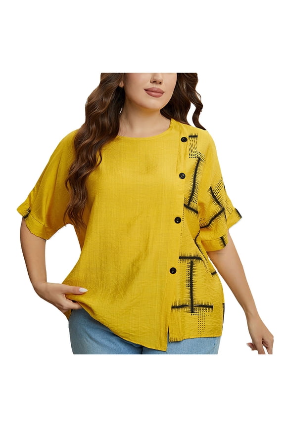 Awdenio New Summer Fashion Tops for Women 2024, Ladies Fashion Solid Color Round Neck Snap Button Loose Tops Yellow XL