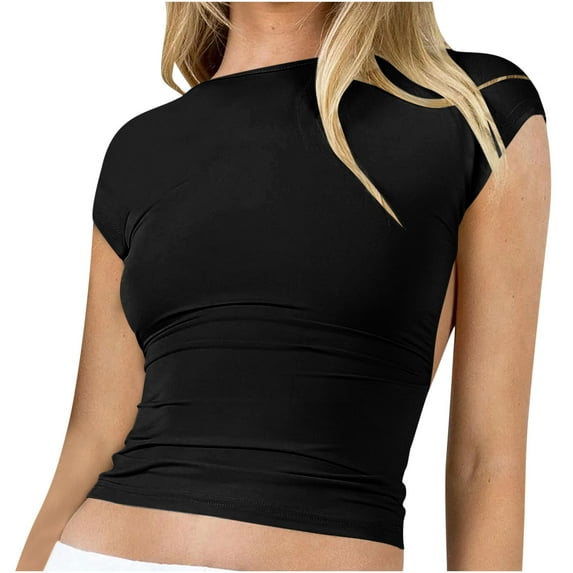 Awdenio New Summer Fashion Tops for Women 2024, Ladies Fashionable And Sexy Backless Tight Fitting Solid Color Short Sleeved Top Black XL