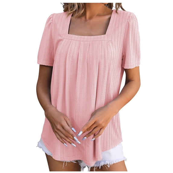 Awdenio New Summer Fashion Tops for Women 2024, Ladies Fashionable Round Neck Lace Short Sleeved Casual Solid Color T-shirt Top Pink M