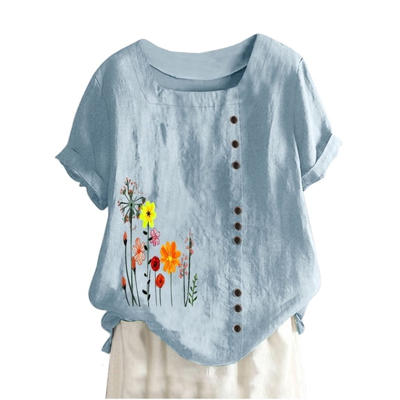Awdenio New Summer Fashion Tops for Women 2024, Ladies Summer Casual Short Sleeve Flower Printing Loose Shirt Tops Light Blue 3XL