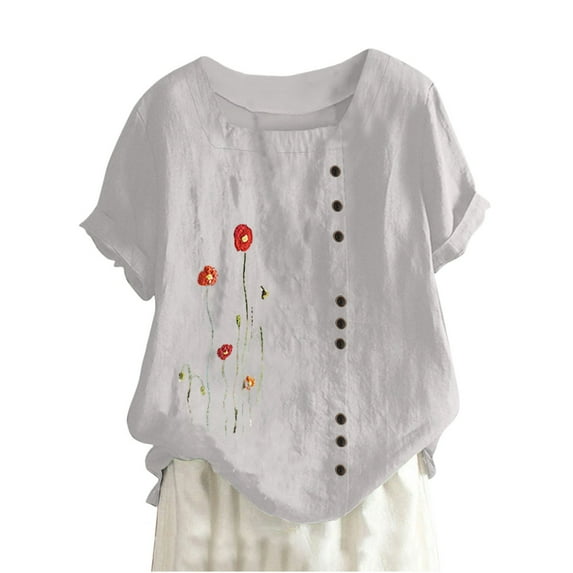 Awdenio New Summer Fashion Tops for Women 2024, Ladies Summer Casual Short Sleeve Flower Printing Loose Shirt Tops White L