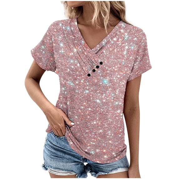 Awdenio New Summer Fashion Tops for Women 2024, Ladies V-Neck Fashion Casual Short-Sleeved Spring And Summer Top Pink XL