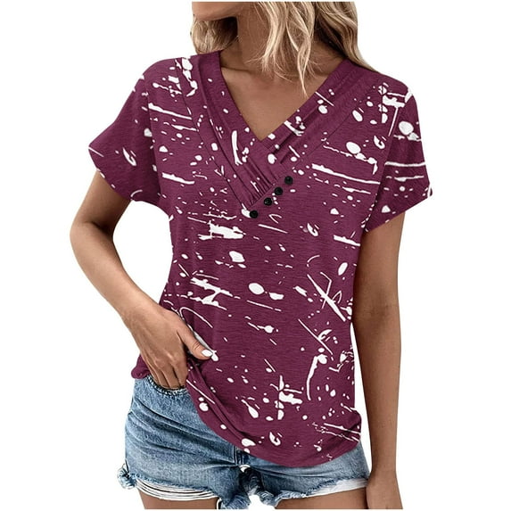 Awdenio New Summer Fashion Tops for Women 2024, Ladies V-Neck Fashion Casual Short-Sleeved Spring And Summer Top Wine 3XL