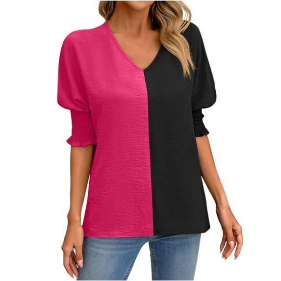 KIHOUT New Summer Fashion Tops for Women 2024, Ladies V-Neck Loose Casual Tie Short Sleeves Color Blocking Top Gray 2XL