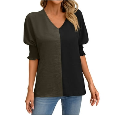 Awdenio New Summer Fashion Tops for Women 2024, Ladies V-Neck Loose Casual Tie Short Sleeves Color Blocking Top Green XL