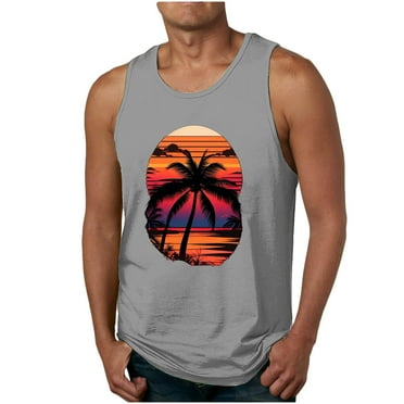 Awdenio New Sweat Tank Tops for Men Round Neck Sports Fitness Sunset Graphic Print Sleeveless Summer Causal Beach T Shirts Vest