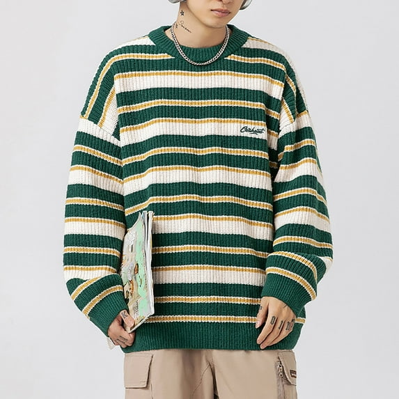 Awdenio Oversize Sweaters for Men Vintage Striped Sweater Knitted Long Sleeve Loose Oversized Pullover Jumper Tops,Size M