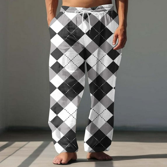Awdenio Pajama Pants Men Long Sleep Pants Soft Elastic Waist Pajama Bottoms Plaid Lounge Pants with 2 Pockets,Size L