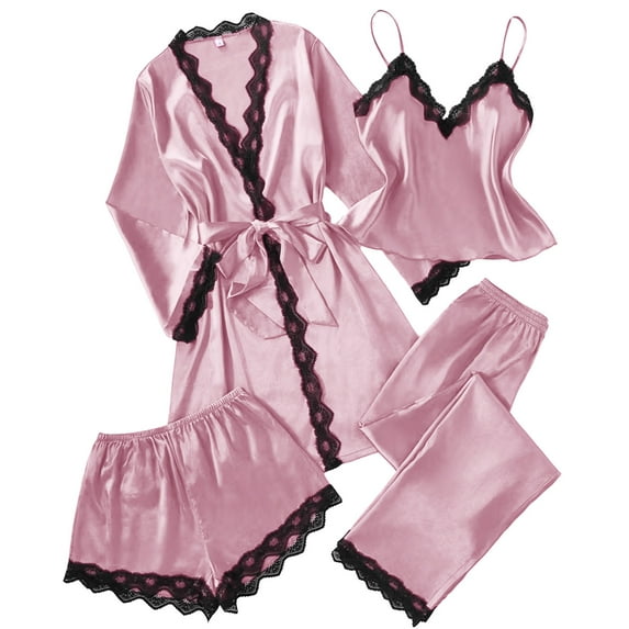 Awdenio Pajamas for Women 4 Pcs Silk Pajamas Robes Set Pjs Cami Pant and Short Satin Sleepwear Lace Loungewear